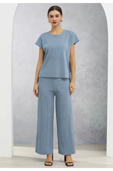 Daily Comfort Sleeveless Top and Straight-Leg Pants Set in Dusty Blue