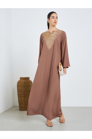 Women Brown Embroidered A-Line Jalabiya