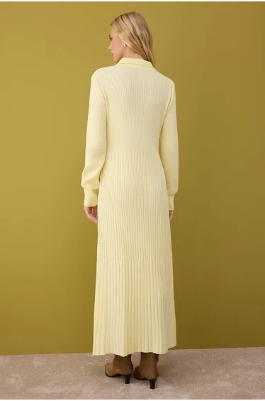 Light Yellow Unlined Plain Knitwear Rib/Cassole Hijab Dress