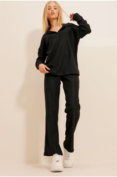 Women's Black Polo Neck Top And Palazzon Trousers Knitwear Bottom Top Suit