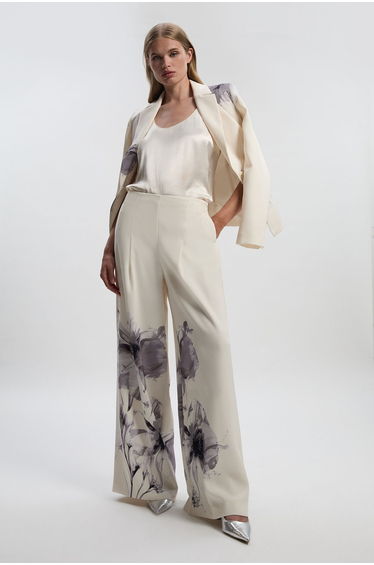 Floral Placement Print Tailored Crepe Pleat Detail Wide Leg Trousers