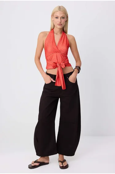 Red Polka Dot Fitted Halter Neck Sleeveless Stretch Knitted Blouse