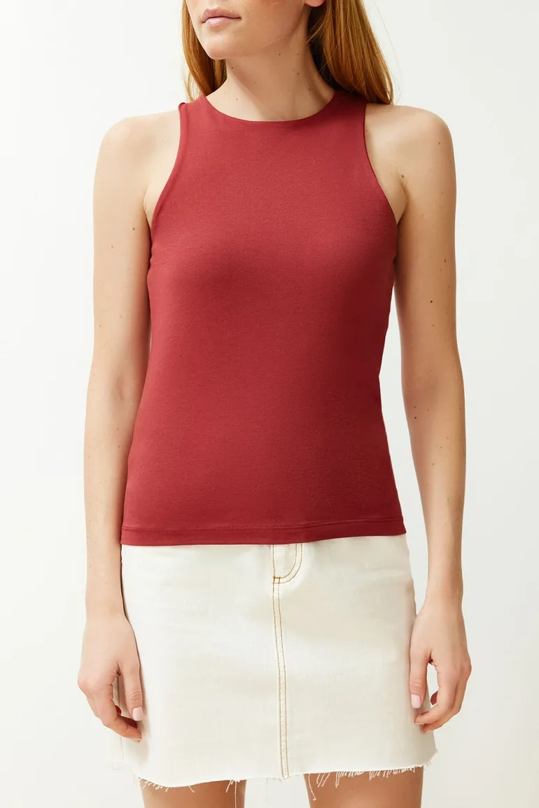 Tile Cotton Halter Neck Fitted Stretch Knit Undershirt - 3