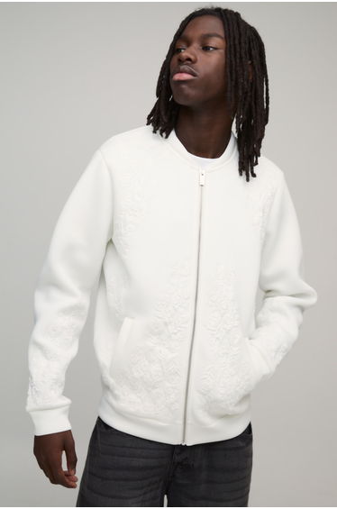 Regular Fit Floral Embroidered Scuba Bomber Jacket - ecru