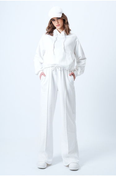 Women's white kangaroo pocket crop sweatshirt and cropped relaxed fit pant set