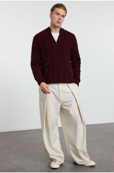 Claret Red Unisex Zippered Half Turtleneck Knit Sweater