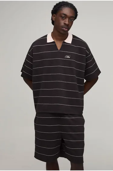 Oversized Boxy Pique Striped Polo & Relaxed Short Set - chocolate