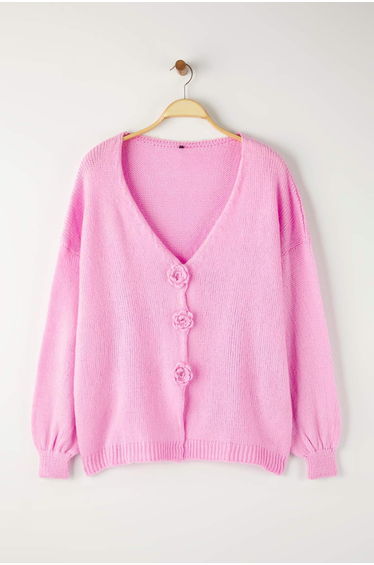 Pink Flower Detailed Knitwear Cardigan
