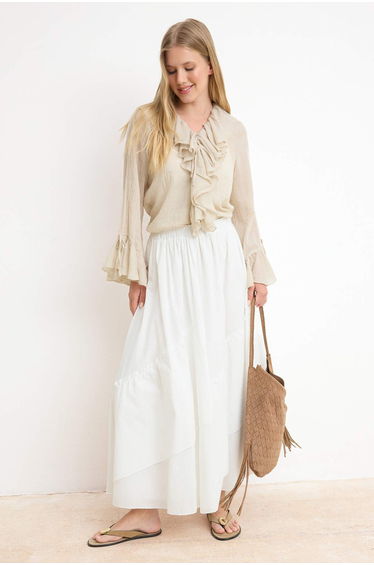 Ecru Lined Plain Woven Multi-Piece Cotton Hijab Skirt