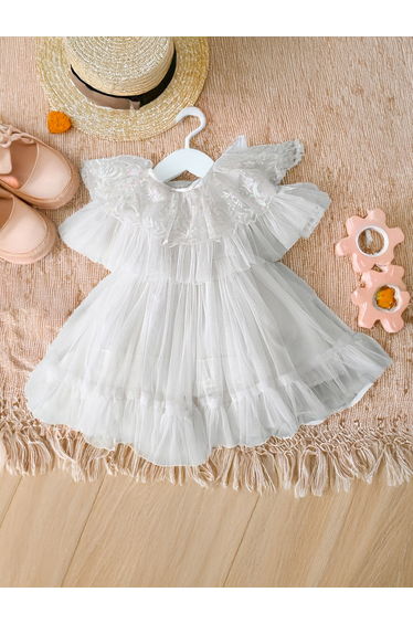 Embellished Flutter Sleeves Mesh Knee-Length Dress