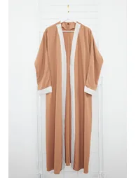 Camel Color Blocked Long Woven Cap & Abaya & Abaya - 6