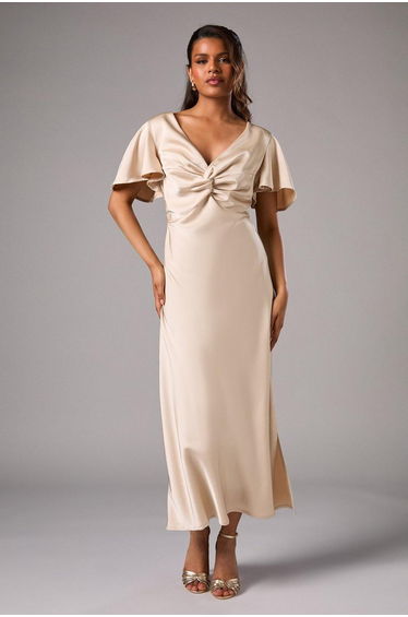 Petite Satin Twist Angel Sleeve Midi Bridesmaids Dress