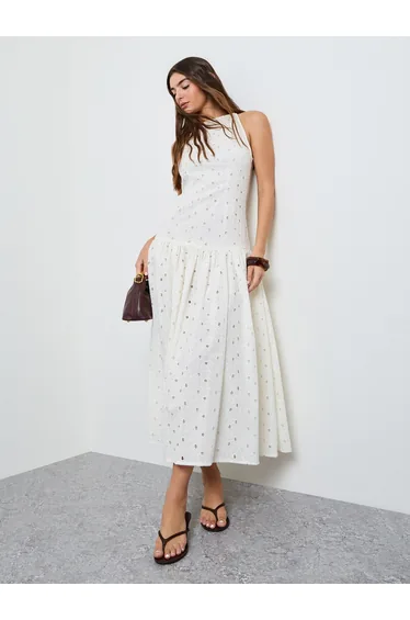 Off White Embroidered A-Line Midi Dress