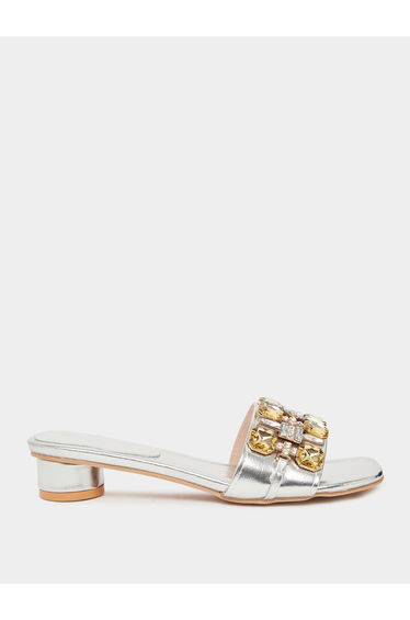 Women Silver Embellished Black Heel Sandals