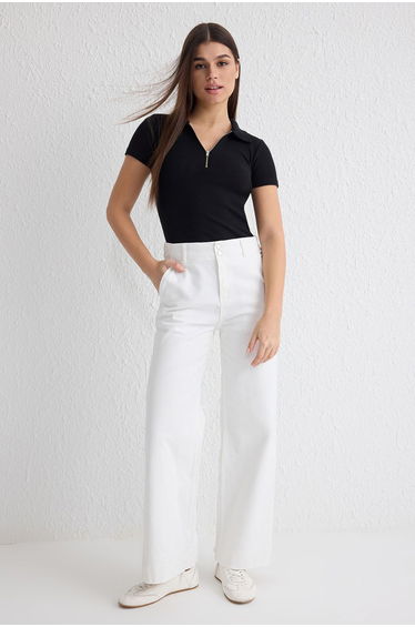 White Button Detail High Waist Wide Leg Jeans