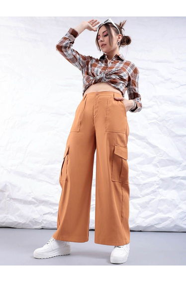 Women Rust Flared Cargo Trousers