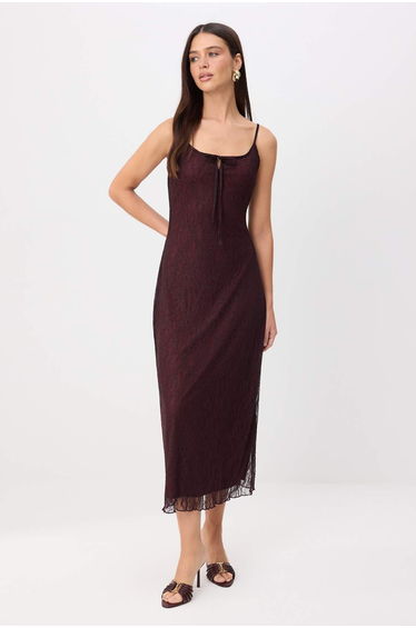 Plum Straight A-Line Havuz Yaka Spaghetti Strap Sleeveless Maxi D Lace a Lined Knitted Dress