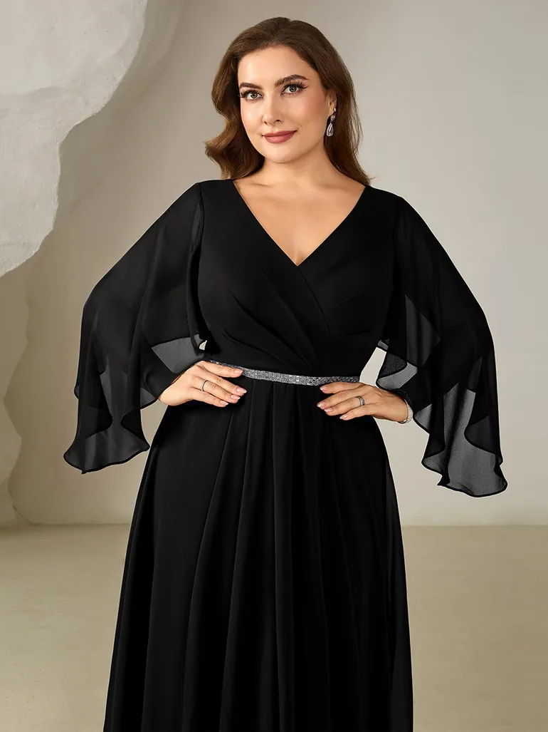 pretty WYNN|Plus Size Deep V-Neck Chiffon Wedding Guest Dress - 2