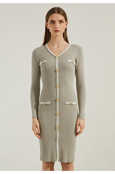 Braided Edge Golden Button Bodycon Knit Dress in Oatmeal