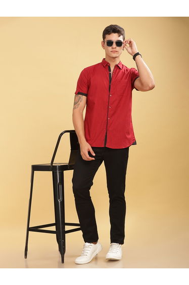 Men Red Linen Blend Short Sleeve Shirt