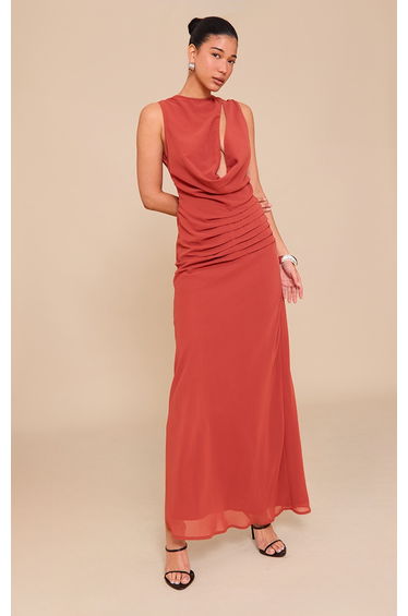 Burnt Orange Chiffon Keyhole Ruched Detail Maxi Dress