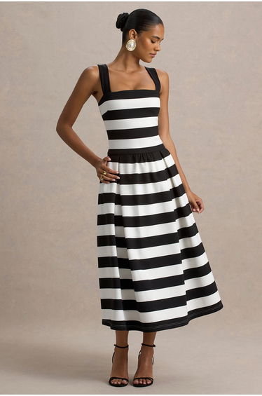 Monte Carlo | Black & White Striped Square-Neck Drop-Waist Dress