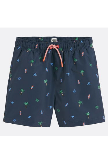 Swim Shorts with Palm Tree, Wave and Surfboard Print