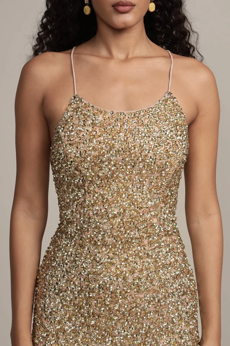 Shop Amelle Gold Beaded Mini Dress Online in Oman