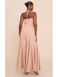 فستان ماكسي بصدر مزموم بياقة هالتر لون زهري - 1