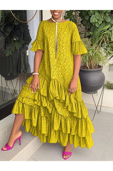 Flared Sleeves Half Sleeves Asymmetric Layered Pleated Printed Ruffle Trim Round-Neck Maxi Dresses