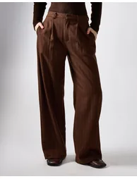 Brown Stripe Pleated Wide-Leg Trousers - 1