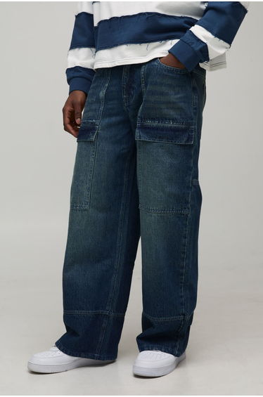 Wide Leg Panelled Moto Embossed Jeans - vintage blue
