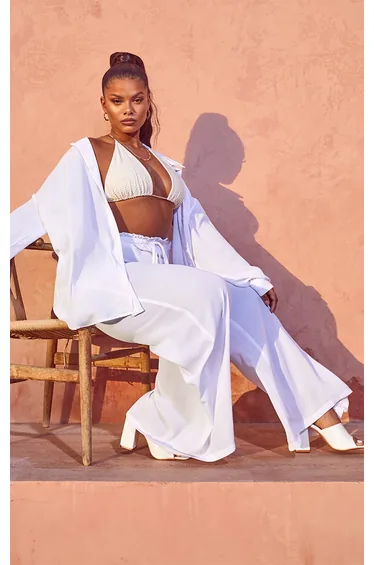 Plus White Tie Waist Beach Trousers