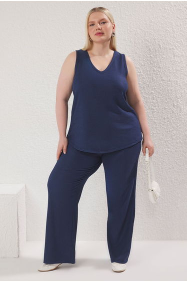 Navy Blue Knitted V Collar Textured Fabric Plus Size Top-Bottom Set