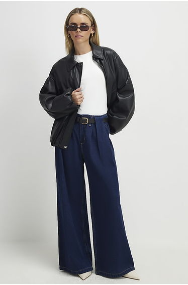 Petite Blue Belted Pleated Wide Leg Jeans