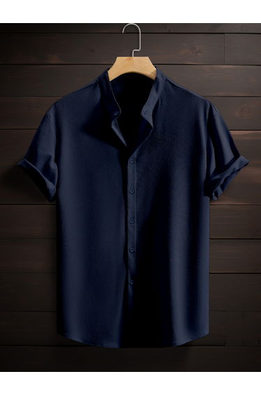 Navy Blue Mandarin Collar Short Sleeve Shirt