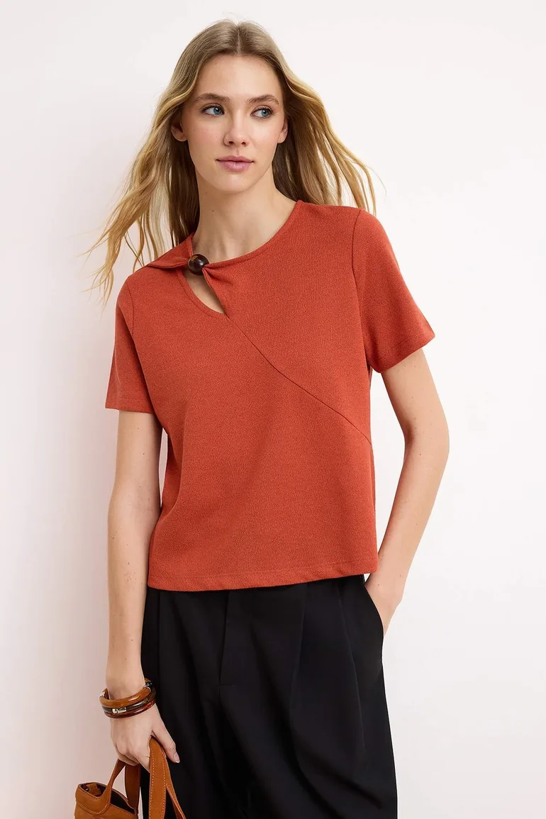 Kiremit Regular/Normal Fit Accessory Detail Knitwear Look Knitted Blouse - 1