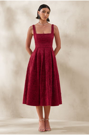 Ashmara | Burgundy Lace Square-Neck Midi Dress