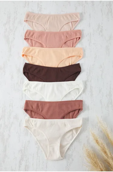 Brown-Multi Colorful 7-Pack Cotton Ribbed Classic Knitted Panties