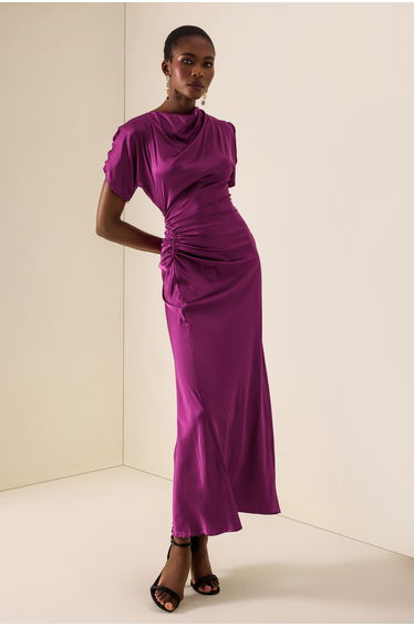Satin Solid Ruched Maxi Dress