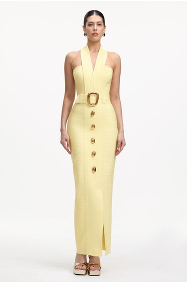 Lanla Chic Contour Halter Metal Buckle Bandage Maxi Dress