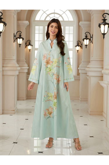 Women Textured Floral Printed Collared Jalabiya