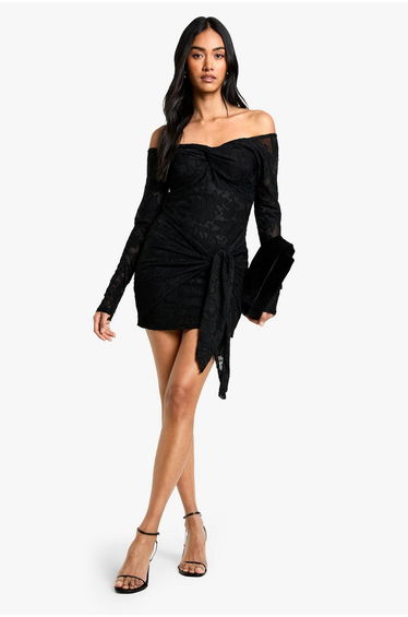 Tall Burnout Bardot Twist Wrap Mini Dress - black