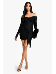 Tall Burnout Bardot Twist Wrap Mini Dress - black