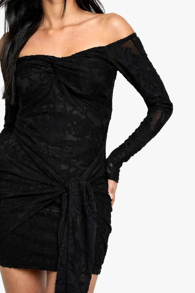 Tall Burnout Bardot Twist Wrap Mini Dress - black - 3