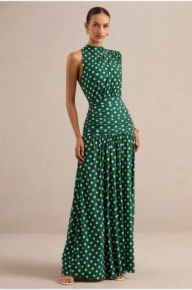 Green Polka-Dot High-Neck Maxi Dress With Draped Detailing