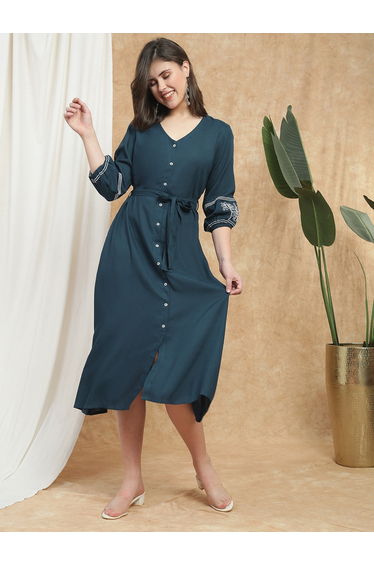 Women Navy Blue Bishop Sleeves Embroidered Midi Dress