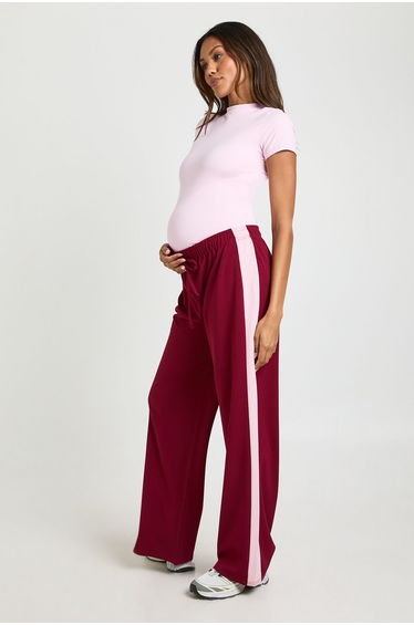 Maternity Contrast Side Stripe Wide Leg Trousers - burgundy
