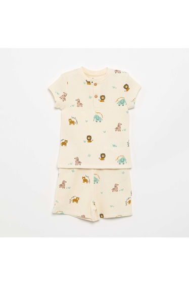 Ribbed knit 2-piece short pajamas BEIGE