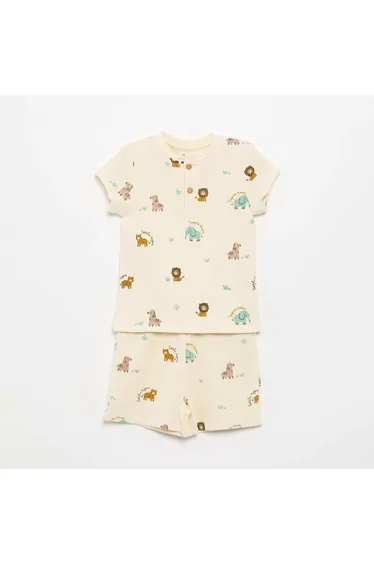 Ribbed knit 2-piece short pajamas BEIGE